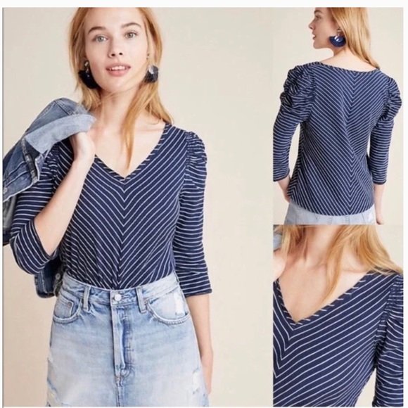 Anthropologie Maeve Lauryn Striped 3/4" Sleeve Top - Picture 1 of 10